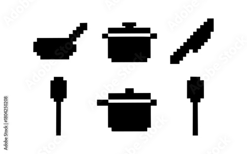 Pixel art kitchen utensils: minimalist cooking icons in black silhouette style
