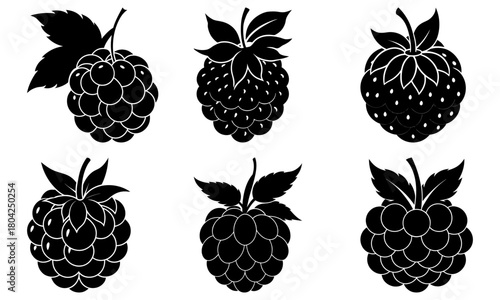 Illustration of six black silhouette style raspberries with leaves on a white background isolated