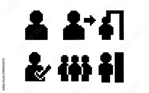 Pixel art icons: meeting, teamwork, privacy, group dynamics concepts