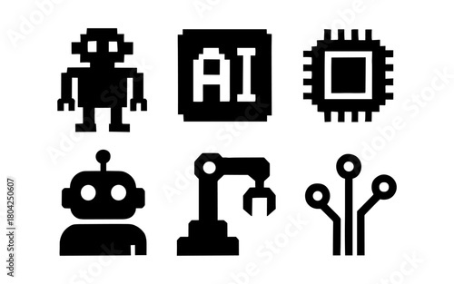 Retro pixel icons of ai, robotics, and technology components