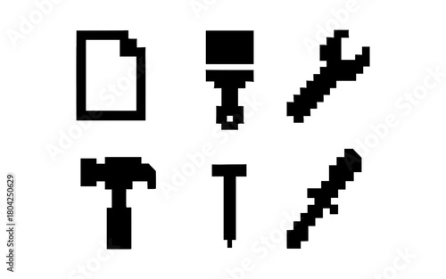 Pixel style tools and objects: hammer, wrench, and more icons for retro design