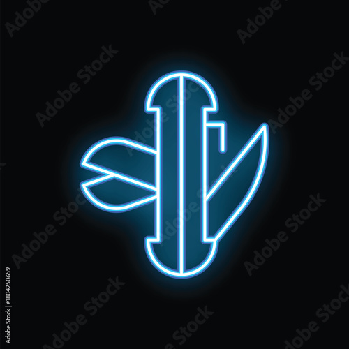 Blue neon sign depicting a swiss army knife glowing on a black background