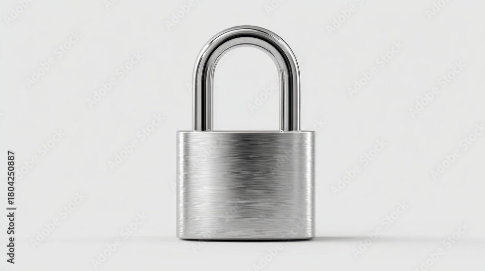 Naklejka premium A Close up of a shiny silver padlock with a brushed metal texture on a plain white studio background.