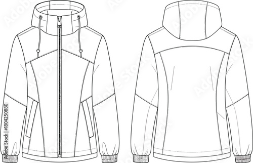Technical jacket flat sketch front and back view, detailed fashion CAD drawing, hoodie outerwear template, clothing design illustration