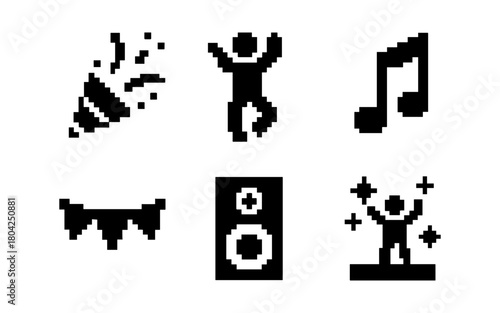 Pixel art party icons set: music notes, dancing figures, festive banners, and speakers