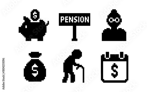 Pixel art financial icons: savings, pension, and money concepts in retro style