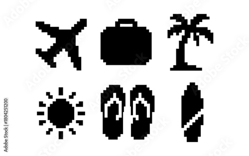 Pixel art travel icons: airplane, suitcase, palm, sun, flip flops, surfboard