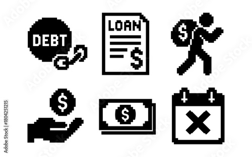 Pixel art financial icons: debt, loan, payment, economy symbols