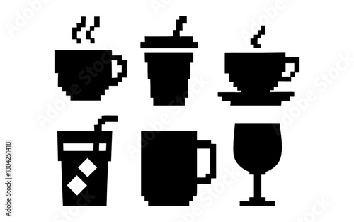 Retro pixel art coffee and drink icons set in black and white