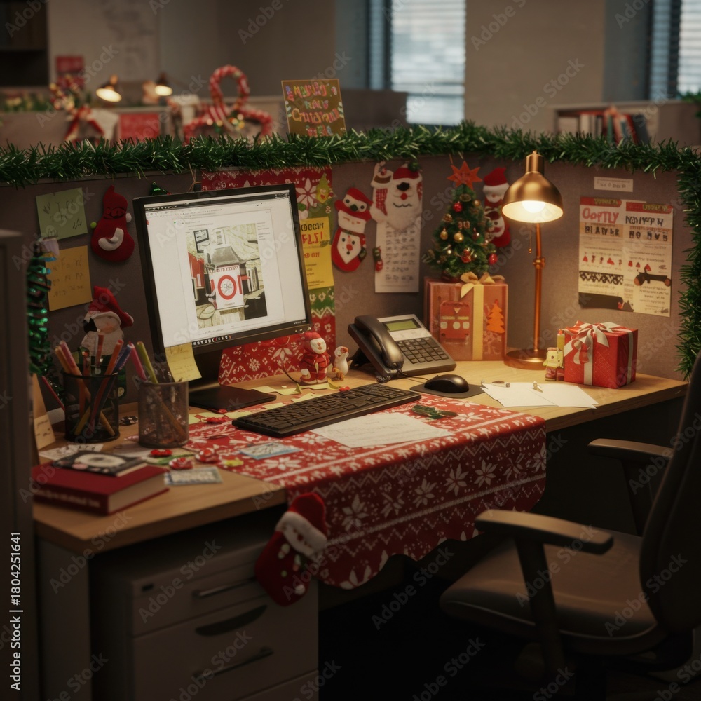 Obraz premium Festive office decor for ugly sweater day celebration with christmas ornaments and cheerful desk setup