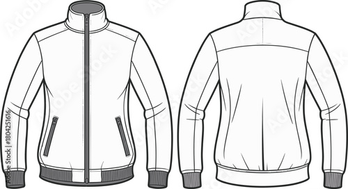 Track jacket technical flat sketch, front and back view, sportswear outerwear vector template, fashion CAD drawing for clothing design illustration
