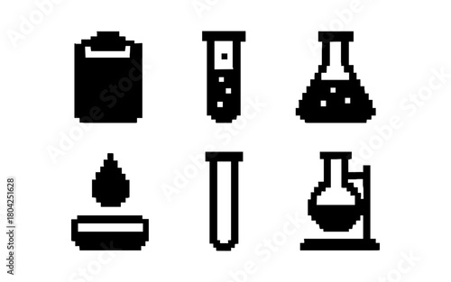Pixel art science icons collection: test tubes, beakers, flasks, and chemistry symbols