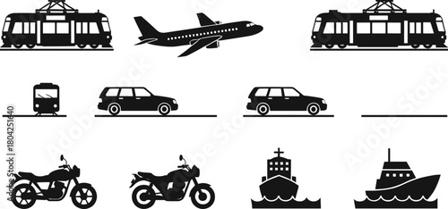 Transport icon set vector, airplane, car, train, motorcycle, ship, public transport silhouettes collection, travel and transportation symbols, black pictogram design illustration