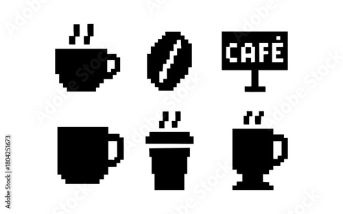 Pixel style coffee cup icons set: cafe, mug, steam, bean art