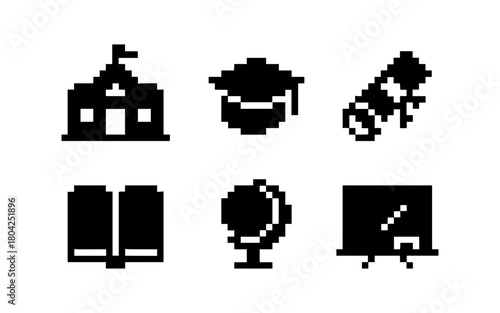 Pixel art education icons: school, cap, diploma, book, globe, blackboard