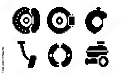 Pixel art auto parts icons: brakes, exhaust, engine, turbocharger, and pedals