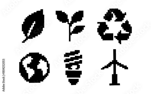 Pixel art eco icons: recycling, wind energy, green earth, and sustainability symbols