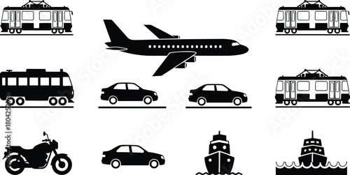 Transportation icon set vector, airplane, car, train, bus, motorcycle, ship, travel and vehicle silhouettes collection, black transport pictogram illustration design