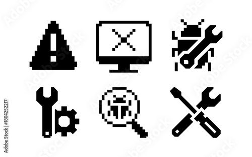 Pixel art computer error and maintenance icons