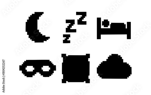 Pixel art sleep icons: moon, bed, pillow, mask, cloud, and stars in retro style
