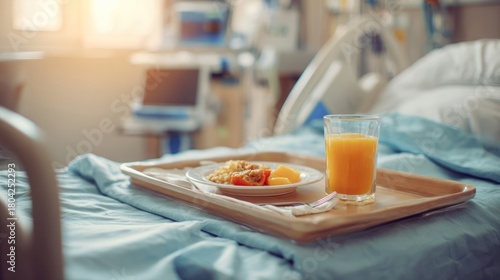 A hospital room scene with a tray of food and drink on a bed