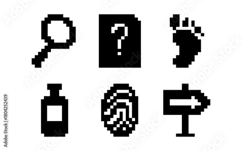 Retro pixel icons: search, mystery, footprint, bottle, fingerprint, signpost