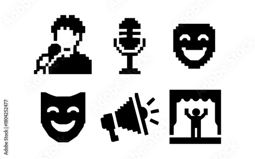 Retro pixel performing arts icons with microphone, masks, and stage elements