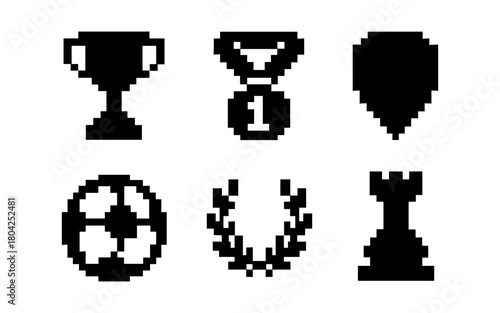 Pixelated gaming icons collection: trophy, medal, shield, soccer ball, laurel, chess rook