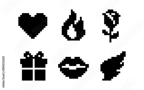 Pixel art icons featuring heart, fire, rose, gift, lips, and wing