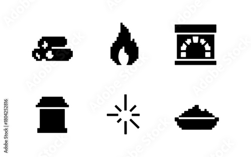 Pixel art pizza oven icons set: fire, oven, ingredients, and tools