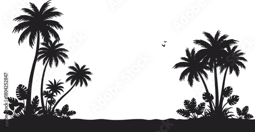 Tropical palm tree beach silhouette vector illustration, exotic island landscape with birds and plants, summer paradise design background for travel and nature artwork.