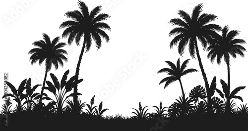 Tropical palm tree forest silhouette landscape with exotic plants, jungle foliage, summer vacation nature scene, paradise island concept, travel vector illustration