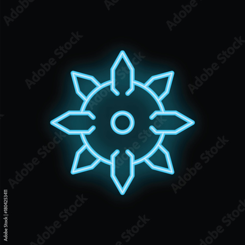 Neon blue shuriken throwing star glowing on black background, concept for japanese culture