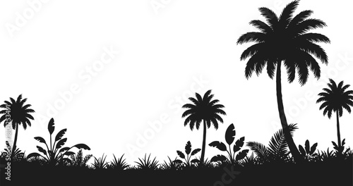 Tropical palm tree jungle silhouette with exotic plants and grass, summer paradise landscape scene, vacation nature background, travel, adventure, beach vector illustration