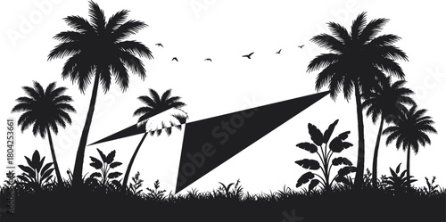 Tropical palm tree jungle silhouette with hammock and flying birds, exotic paradise nature scene, vacation relaxation, summer travel vector illustration design