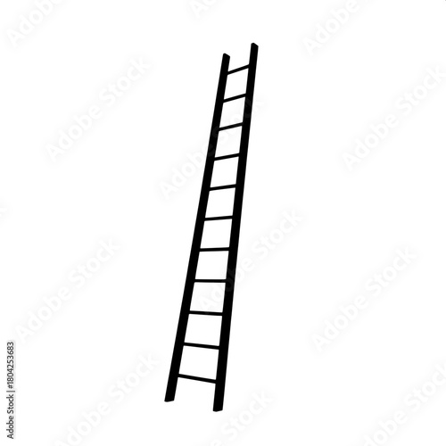 A clean vector illustration of a tall ladder in black silhouette form, leaning subtly forward with a slight inclination, set against a pure white background to create strong contrast, giving the image