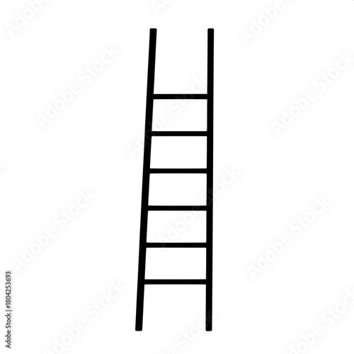 A clean vector illustration of a tall ladder in black silhouette form, leaning subtly forward with a slight inclination, set against a pure white background to create strong contrast, giving the image