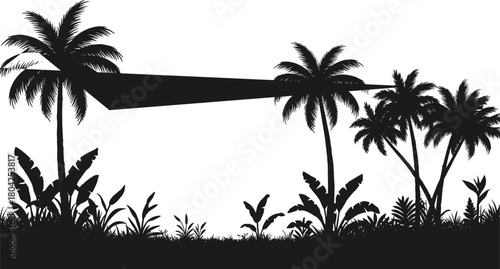 Tropical palm tree landscape silhouette vector illustration, exotic jungle scenery with hammock and plants, summer beach nature design elements for travel artwork.