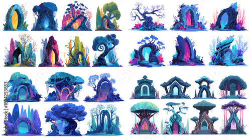 Fantasy portal illustration set showing magical doorways, glowing arches and enchanted forest entrances in vivid colors, ideal for game design, worldbuilding and mystical themes.