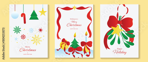Christmas and Happy New Year greeting card vector set — white background Christmas icons with red, green and yellow ornaments, ribbons, stars and festive shapes, festive theme for cards, pos