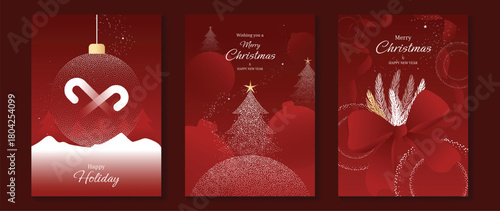 Christmas and Happy New Year greeting card vector set — red and gold baubles with ribbon accents and festive sparkles, elegant theme for cards, invitations and packaging.