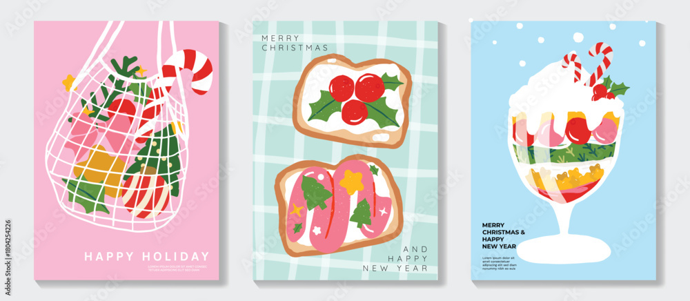 Fototapeta premium Christmas and Happy New Year greeting card vector set — colorful desserts, cookies, ornaments and playful icons, cute holiday theme for kids’ cards, packaging and stickers.