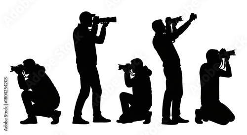 Photographers Silhouette Vector Set – People Taking Pictures in Various Poses, Holding Cameras, Isolated Editable Outline Illustration

