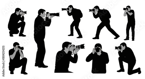 Photographers Silhouette Vector Set – People Taking Pictures in Various Poses, Holding Cameras, Isolated Editable Outline Illustration

