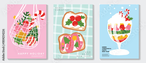 Christmas and Happy New Year greeting card vector set — colorful desserts, cookies, ornaments and playful icons, cute holiday theme for kids’ cards, packaging and stickers.