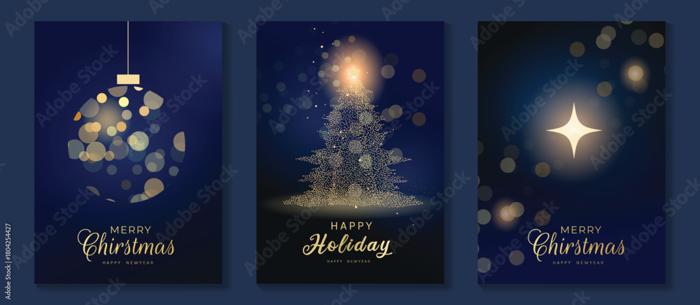 Fototapeta premium Christmas and Happy New Year greeting card vector set — navy blue and gold sparkling tree silhouettes with glowing lights, luxury holiday theme for premium cards and posters.