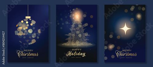 Christmas and Happy New Year greeting card vector set — navy blue and gold sparkling tree silhouettes with glowing lights, luxury holiday theme for premium cards and posters.