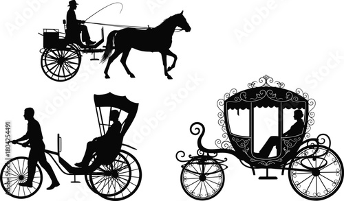 Vintage carriage and rickshaw vector illustration, traditional horse and cycle transport silhouettes, antique travel concept for historical artwork, retro transportation design collection