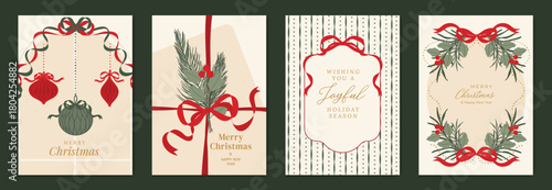 Christmas and Happy New Year greeting card vector set — cream and red classic Christmas frames with pine leaves and ribbons, festive theme for cards, posters and packaging.