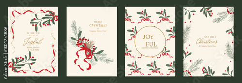 Christmas and Happy New Year greeting card vector set — cream and red botanical Christmas frames with ribbons and leaves, festive theme for cards, posters and packaging.